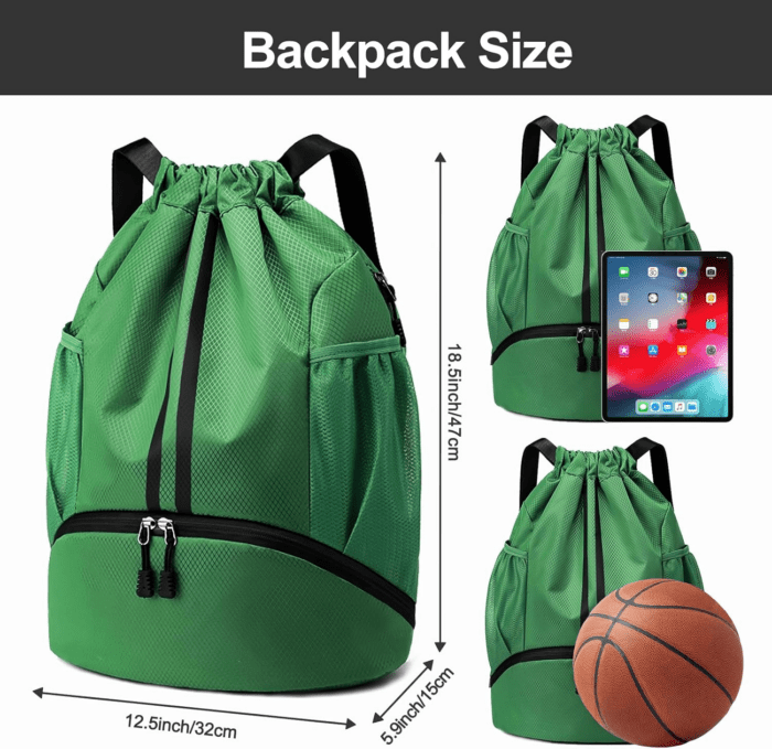 Sports Drawstring Backpack - String Swim Gym Bag with Shoes Compartment and Wet Proof Pocket for Women/Men (Dark Green) - Image 6