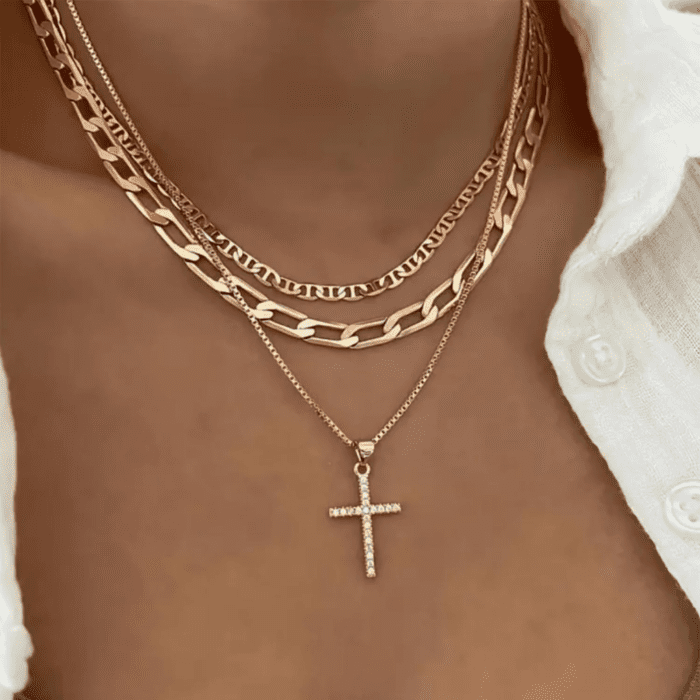 Cross Necklace for Women,Stackable Stacked Stacking Layering Layered Necklaces Dainty Gold Necklace Paperclip Box Flat Mariner Chain Necklace Cross Pendant CZ Diamond Simple Jewelry Gift - Image 2