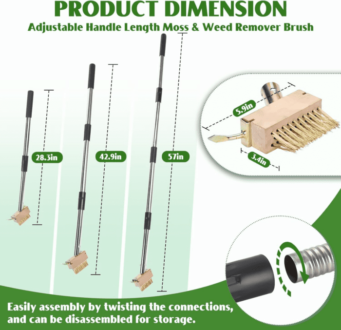 Crack Weeder, Manual Crevice Weeding Tool, Moss Weed Remover Puller Tool Grout Brush with Adjustable Stainless Steel Long Handle for Deck, Paver, Patio, Walkway, Driveway Crack - 2 Weed Brush Heads - Image 3