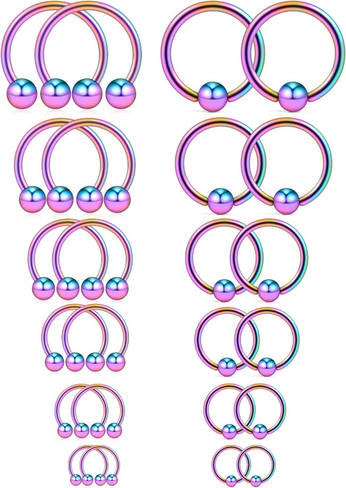 16-24PCS 16G Surgical Steel Horseshoe & Captive Bead Nose Hoop Septum Earring Eyebrow Tongue Lip Nipple Helix Tragus Piercing Jewelry Rings 6-16Mm