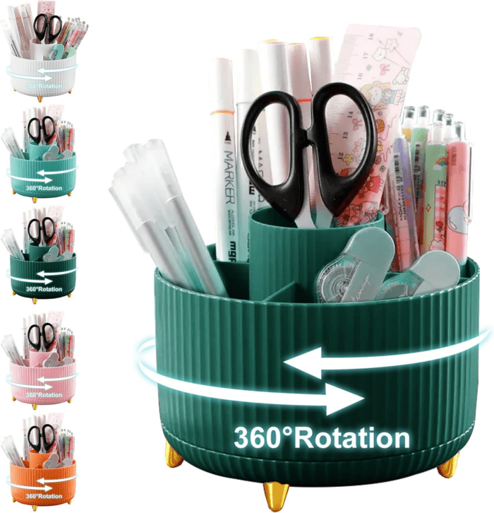 Pencil Holder for Desk,5 Slots 360°Degree Rotating Desk Organizers and Accessories,Desktop Storage Stationery Supplies Organizer, Cute Pencil Cup Pot for Office, School, Home (A-Green)