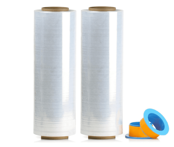 2 Pack 1500Ft Industrial Clear Stretch Wrap Film 70 Gauge 15" with 3Inch Plastic Rolling Handles for Pallet Wrap, Durable Self-Adhering Packing, Moving, Heavy Duty Shrink Film