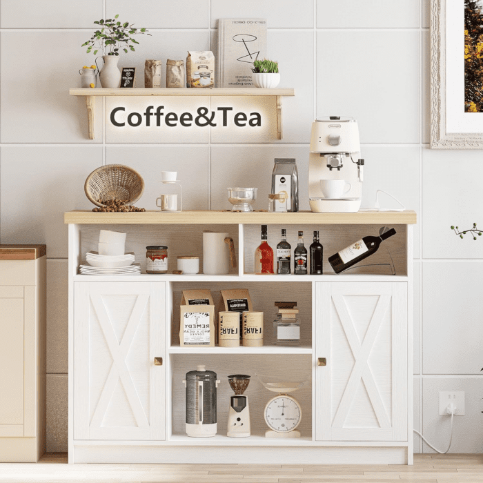 Coffee Bar Cabinet with Power Strip, 47" Storage Cabinet with Barn Doors and Thickened Top Board, White Sideboard, Buffet for Dinning Room, Kitchen, Living Room - Image 8