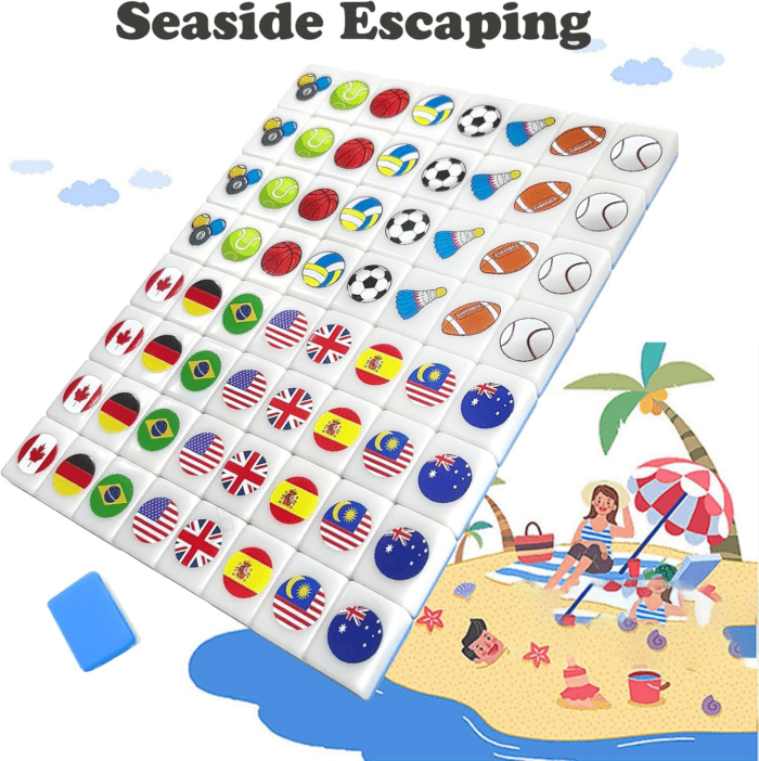 Seaside Escape Game Blocks， Mahjong Tile Game Sets with 65 Tiles 30Mm Flag and Ball Pattern with Handbag for Spring Picnic Party Gift. - Image 4