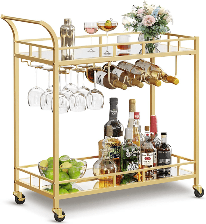 Bar Cart Gold, Home Bar Serving Cart, Wine Cart with 2 Mirrored Shelves, Wine Holders, Glass Holders, for Kitchen, Dining Room, Gold ULRC090A03