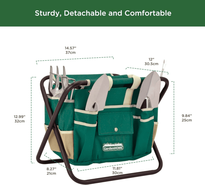 Garden Tool Set, Stainless Steel 7 Piece Tool Set, Heavy Duty Folding Stool, Detachable Canvas Tote Bag, Gardening Tool Kit Organizer - Image 3