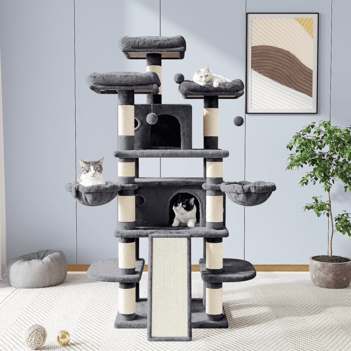 68 Inches Cat Tree House with Condo, Scratching Post, and Multi-Level Towers for Cats - Smokey Grey - Image 2