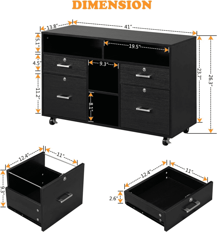 Wood Mobile File Cabinet with 4 Drawers and Shelves, Printer Stand with Open Storage, Locking Lateral Filing Cabinet for Home Office, Black - Image 3