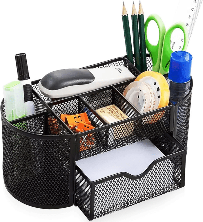 Mesh Desk Organizer Desktop Office Supplies Multi-Functional Caddy Pen Holder Stationery with 8 Compartments and 1 Drawer for Office, Home, School, Classroom (Black)