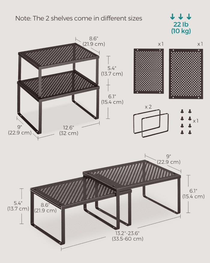 Spice Rack, Cabinet Shelf Organizers, Shelf Organizer, Countertop Organizer, Shelf Riser, Stackable, Expandable, Set of 2 Metal Kitchen Counter Shelves, Brown UKCS01BR - Image 2