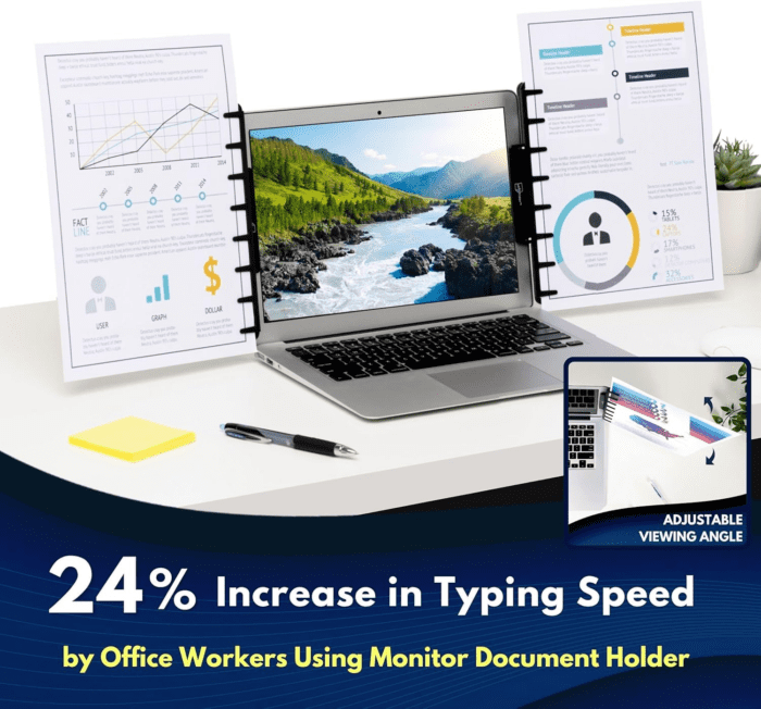 Monitor Document Paper Holder for Typing | Clips to Laptops & Desktop Monitors I Reduces Eye & Neck Strain | Portable Copy Holder for Desk | Sticky Note Stand & Monitor Memo Board | Black - Image 2