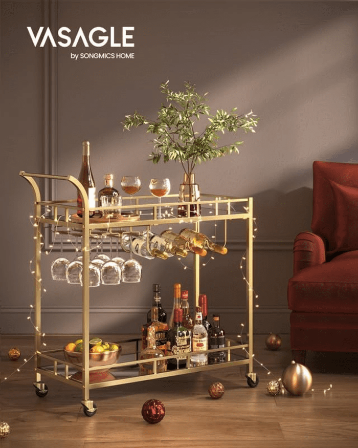 Bar Cart Gold, Home Bar Serving Cart, Wine Cart with 2 Mirrored Shelves, Wine Holders, Glass Holders, for Kitchen, Dining Room, Gold ULRC090A03 - Image 2