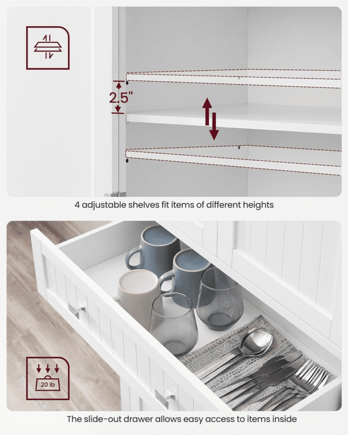 Pantry Cabinet, 15.7 X 30 X 71.7 Inches, Freestanding Tall Cupboard Storage Cabinet with a Drawer, 2 Cabinets, 4 Adjustable Shelves, 6 Door Shelves, Living Room, Kitchen, White UBBC561P31V2 - Image 6