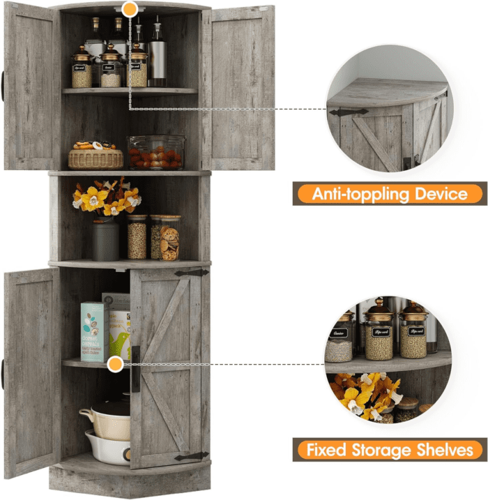 64.8" Tall Farmhouse Corner Cabinet with 4 Doors and 5 Storage Shelves, Farmhouse Storage Cabinet with Barn Door Design, Home Space Saver for Living Room, Kitchen, Laundry Room,Grey - Image 3