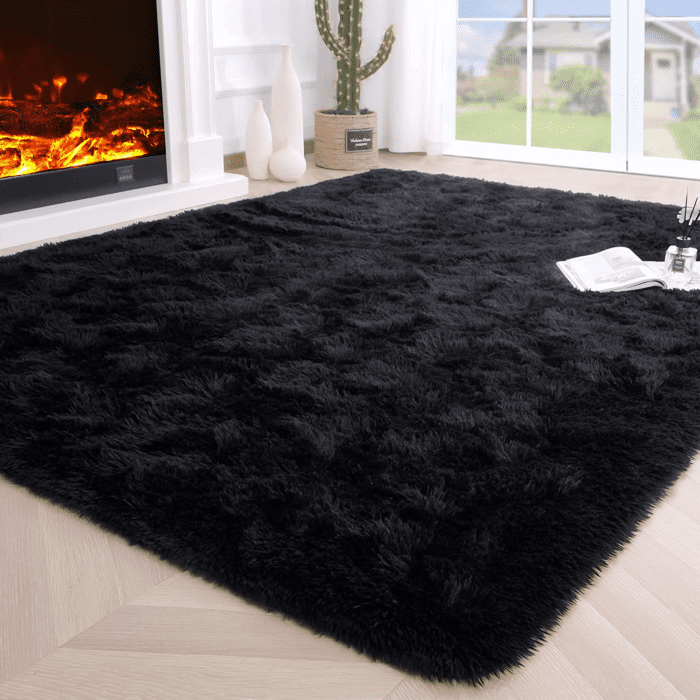 Fluffy Bedroom Rug Carpet,4X5.3 Feet Shaggy Fuzzy Rugs for Bedroom,Soft Rug for Kids Room,Plush Nursery Rug for Baby,Thick Black Area Rugs for Living Room,Cute Room Decor for Girls Boys