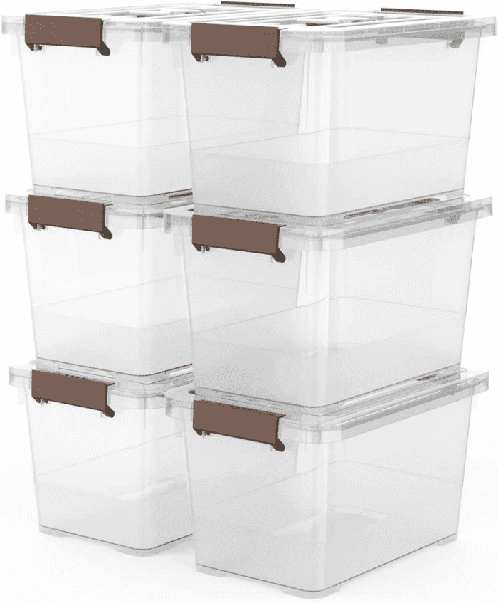 6-Pack Clear 7 Quart Storage Latch Box/Bins, Plastic Stackable Latching Box with Brown Handle and Lid, Multi-Purpose, 7 Litre