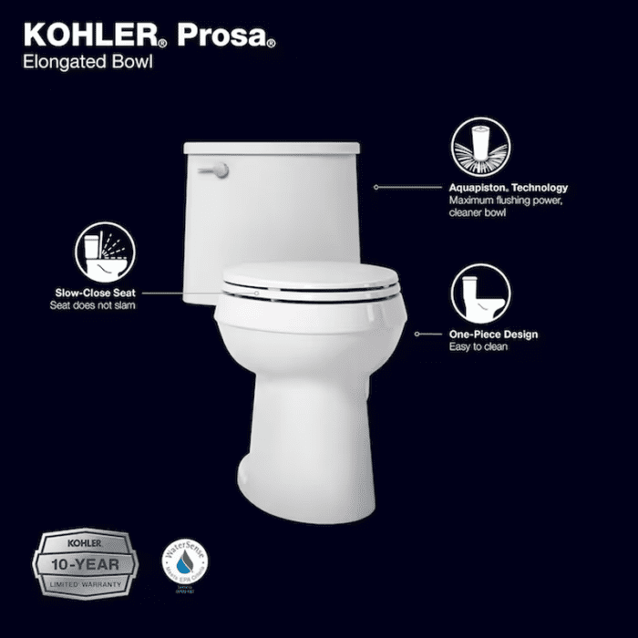 Prosa White Elongated Chair Height Soft Close 1-Piece Toilet 12-In Rough-In Watersense 1.28 GPF - Image 7