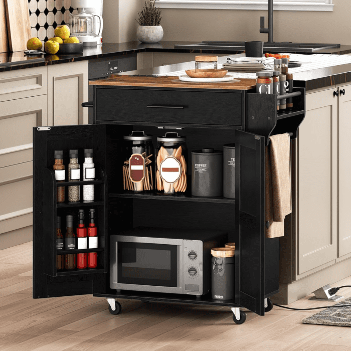 Kitchen Island with Power Outlet, Kitchen Storage Island with Large Worktop, Spice Rack and Drawer, Rolling Kitchen Cart on Wheels, for Kitchen and Dining Room, Rustic Brown and Black - Image 2