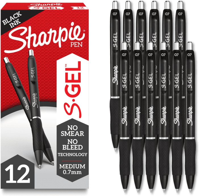 S-Gel, Gel Pens, Drawing Pens, Gel Ink Pens for Journaling, Writing Pens, Coloring Pens, Medium Point Pens (0.7Mm), Black Barrel, Black Gel Ink, Stocking Stuffers, 12 Count