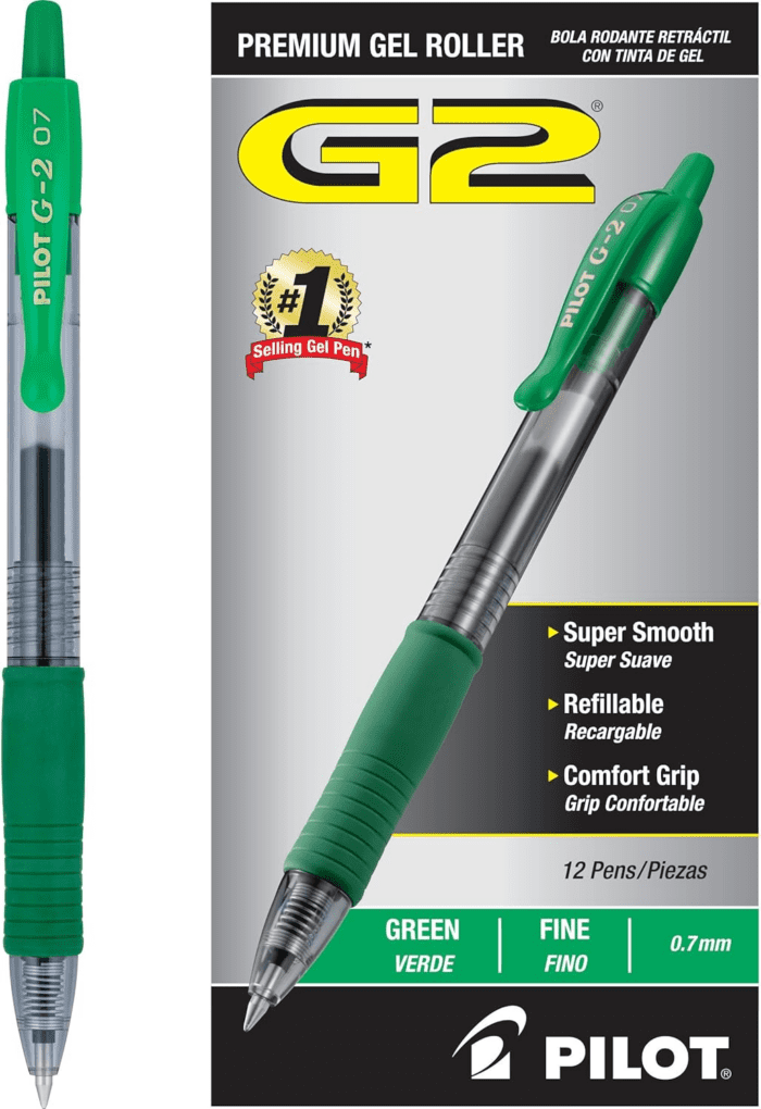 , G2 Premium Gel Roller Pens, Fine Point 0.7 Mm, Green, Pack of 12