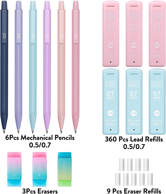 Cute Mechanical Pencil Set, 6PCS Pastel Mechanical Pencils 0.5 & 0.7Mm with 360PCS HB Pencil Leads, 3PCS Erasers and 9PCS Eraser Refills, Aesthetic Mechanical Pencils for Girls Writing - Image 6