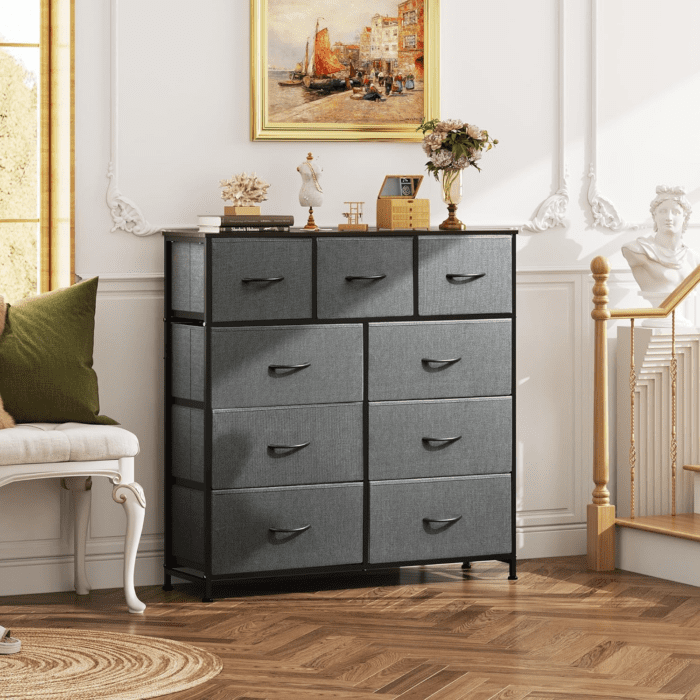 9-Drawer Dresser, Fabric Storage Tower for Bedroom, Hallway, Entryway, Closet, Tall Chest Organizer Unit with Fabric Bins, Steel Frame, Wood Top, Easy Pull Handle, Dark Grey - Image 9