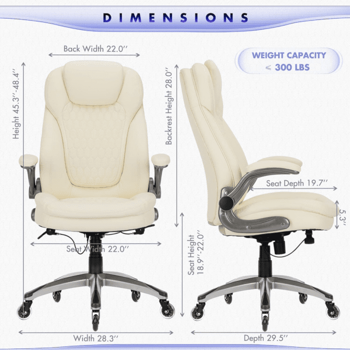 Executive Office Chair-Ergonomic Computer Desk Chair with Upgraded Caster for Swivel, High Back Office Chair with Padded Flip-Up Arms, Stylish Leather Chair Thicken Seat for Comfort (Ivory, 300Lbs) - Image 3