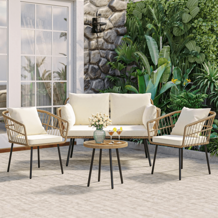 4-Piece Wicker Patio Furniture Set, All-Weather Rattan Conversation Set, Outdoor Balcony Bistro Set with Loveseat Chairs Table Soft Cushions for Backyard, Pool, Deck, Garden - Beige - Image 2