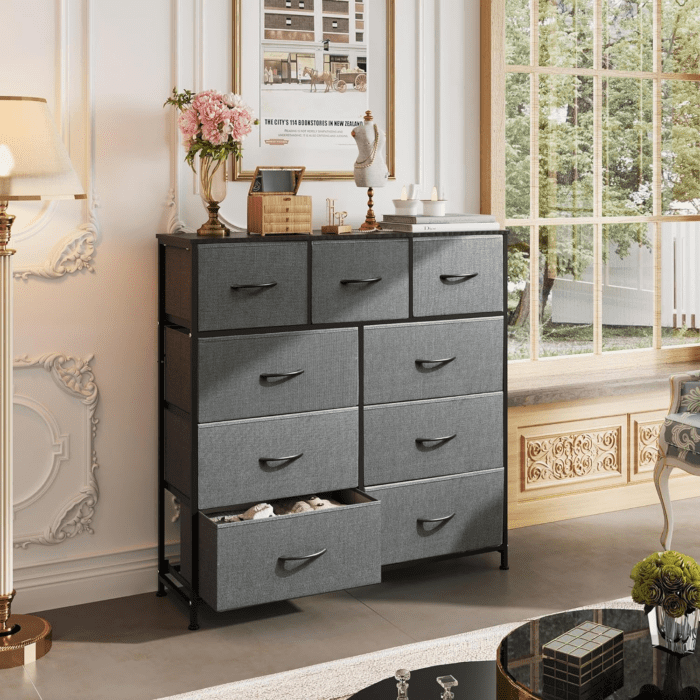 9-Drawer Dresser, Fabric Storage Tower for Bedroom, Hallway, Entryway, Closet, Tall Chest Organizer Unit with Fabric Bins, Steel Frame, Wood Top, Easy Pull Handle, Dark Grey - Image 2