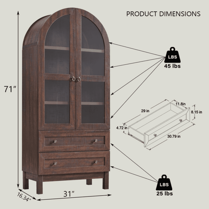 71" Tall Arched Kitchen Pantry Cabinet, Wood Kitchen Storage Cabinets with 2 Large Drawers and Adjustable Shelves, Modern Farmhouse Versatile Cupboard for Kitchen, Dining Room, Bathroom, Brown - Image 2