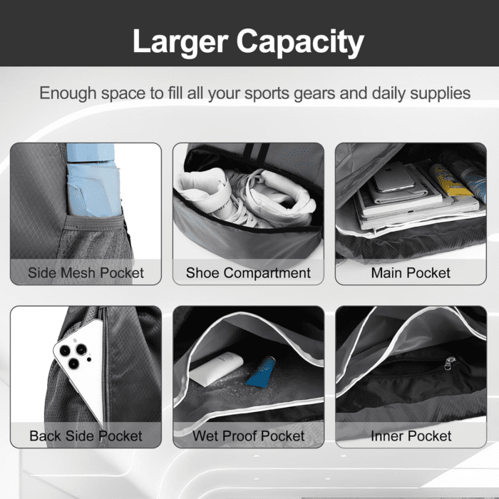 Sports Drawstring Backpack - String Swim Gym Bag with Shoes Compartment and Wet Proof Pocket for Women/Men (Dark Grey) - Image 4