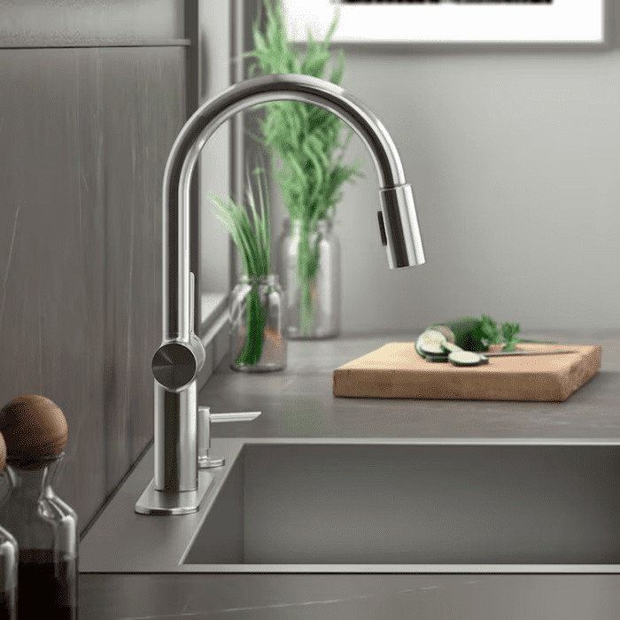 Koi Vibrant Brushed Moderne Brass Single Handle Pull-Down Kitchen Faucet with Sprayer (Deck Plate and Soap Dispenser Included) - Image 11