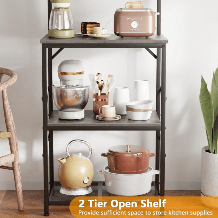 Kitchen Bakers Rack, Microwave Stand with Storage 4 Tiers, Coffee Bar Station with 6 S Hooks and Pegboard, Kitchen Shelves Rack for Spices, Pots, Black Oak - Image 7