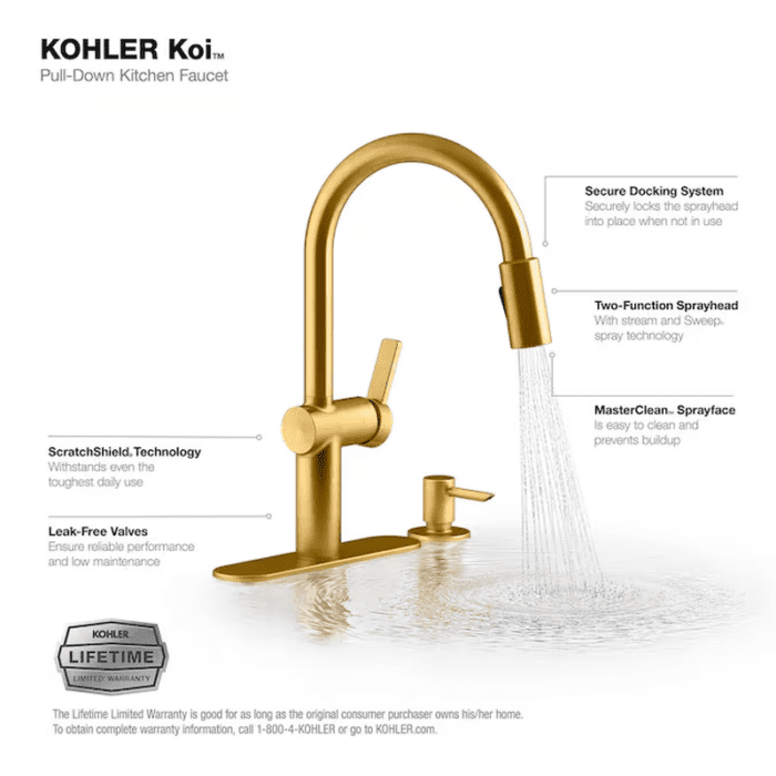 Koi Vibrant Brushed Moderne Brass Single Handle Pull-Down Kitchen Faucet with Sprayer (Deck Plate and Soap Dispenser Included) - Image 5