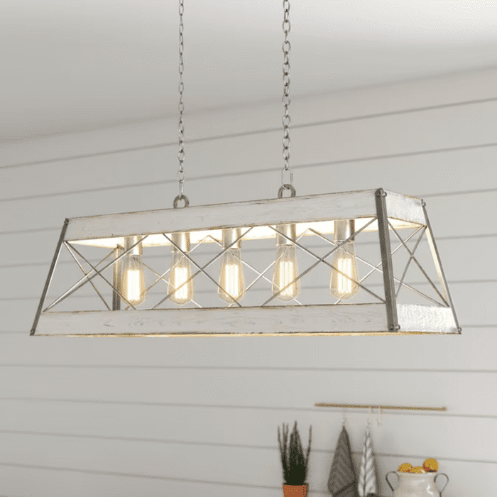 Bradberry 5-Light Antique White and Galvanized Farmhouse Linear Large Hanging Kitchen Island Light