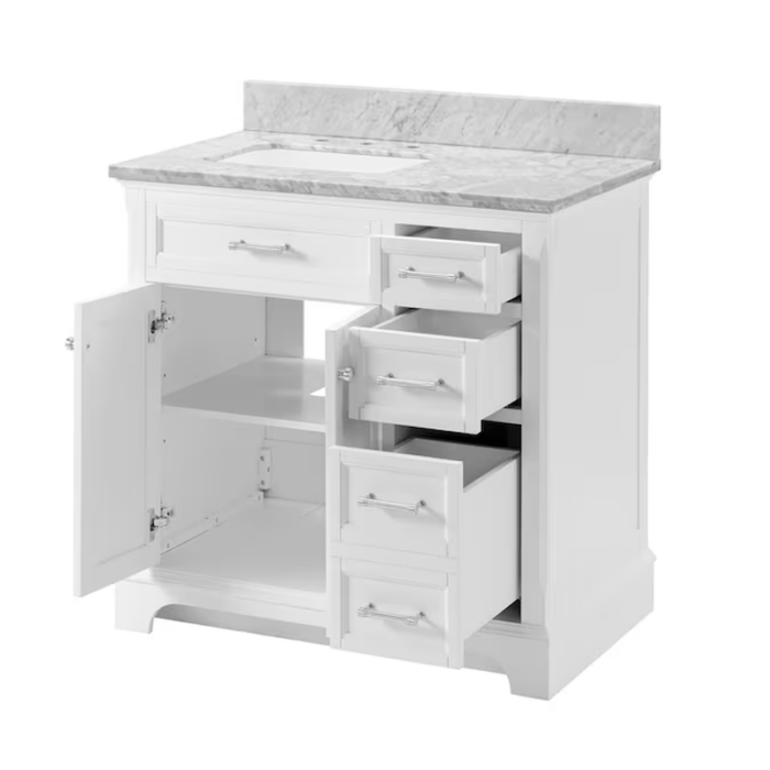 Roveland 36-In White Undermount Single Sink Bathroom Vanity with Carrara Natural Marble Top - Image 7