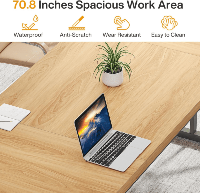 70.8-Inch Executive Desk, Large Computer Office Desk Workstation, Modern Simple Style Laptop Desk Study Writing Table Business Furniture for Home Office (Light Walnut/Black, 70.8 Inch) - Image 6