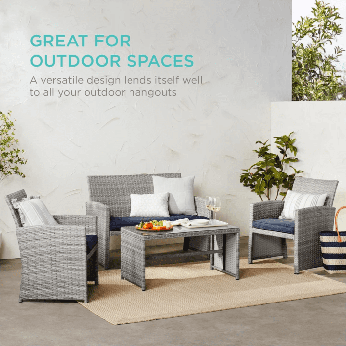 4-Piece Outdoor Wicker Patio Conversation Furniture Set for Backyard W/Coffee Table, Seat Cushions - Gray/Navy - Image 6