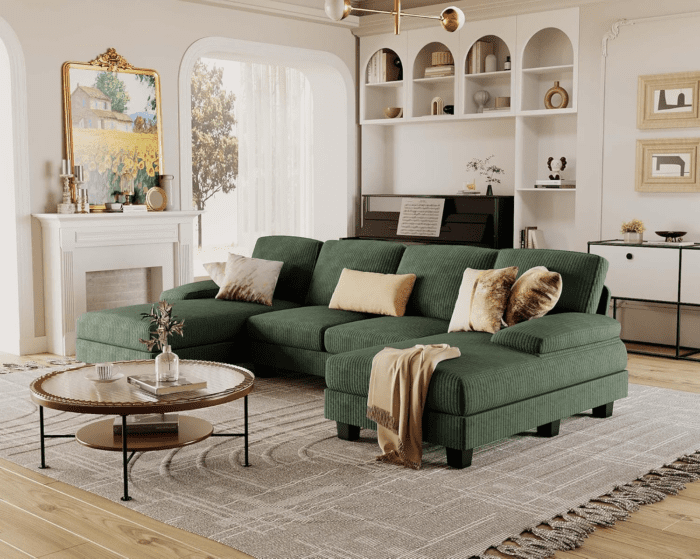 Sectional Couches for Living Room, U-Shaped Sofa Couch with Soft Corduroy, 4 Seat Sofa Set with Double Chaise for Apartment (Corduroy, Dark Green) - Image 6