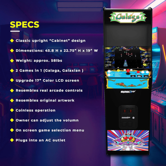 Galaga Deluxe Arcade Machine with 14 Games Bundled with Adjustable Stool, Wi-Fi Leaderboards, 17" Monitor, Light up Marquee, Black - Image 6