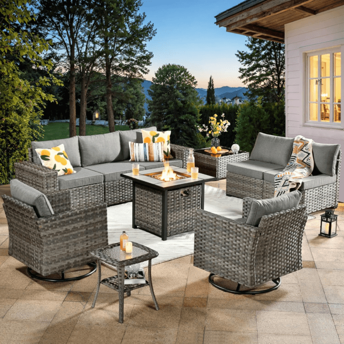 10 Pieces Patio Furniture Set, Outdoor Sectional Sofa with Swivel Rocking Chairs, Fire Pit Table, Wide Arms and Deep Seat, Modular Wicker Rattan Conversation Set, Dark Grey