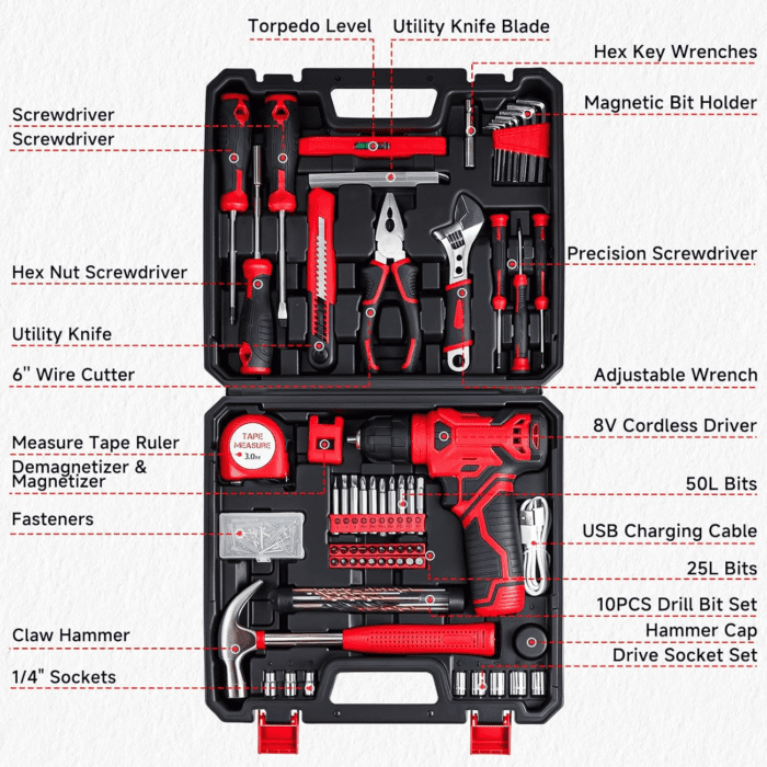 Tool Set - Tool Kit with 8V Cordless Drill, 132 Piece Tool Box with Drill, Home Tool Kits for Men & Women, Hand Drill Set Perfect for Homeowner, Diyer, Handyman - Red - Image 6