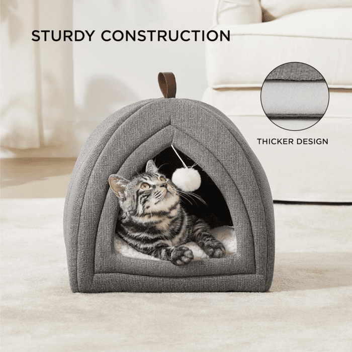 Cat Beds for Indoor Cats - 2 in 1 Cat Cave for Kittens and Small Pets, Foldable Cat House Tent with Removable Washable Cushioned Pillow, Cat Hideaway with Non-Slip Bottom, Grey, 16 Inches - Image 3