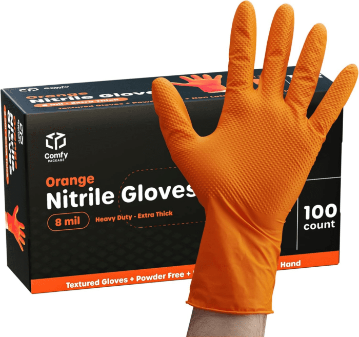 [100 Count 8 Mil HEAVY DUTY Disposable Orange Nitrile Gloves Heavy-Duty, Industrial, Diamond Texture