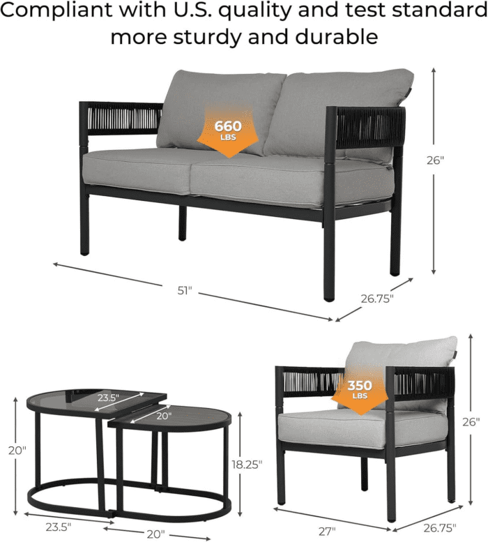 5-Piece Outdoor Furniture Set with Thick Cushions and Coffee Table, Wicker Sofa Conversation Set for Backyard, Beige - Image 2