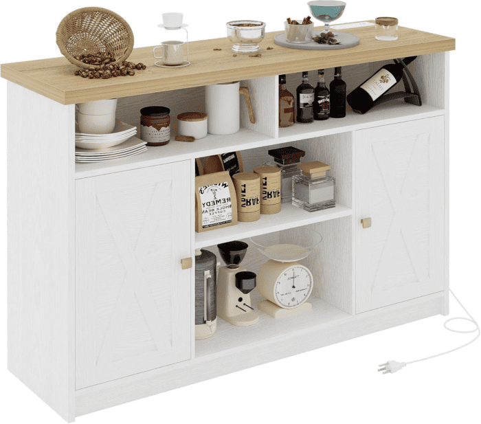 Coffee Bar Cabinet with Power Strip, 47" Storage Cabinet with Barn Doors and Thickened Top Board, White Sideboard, Buffet for Dinning Room, Kitchen, Living Room