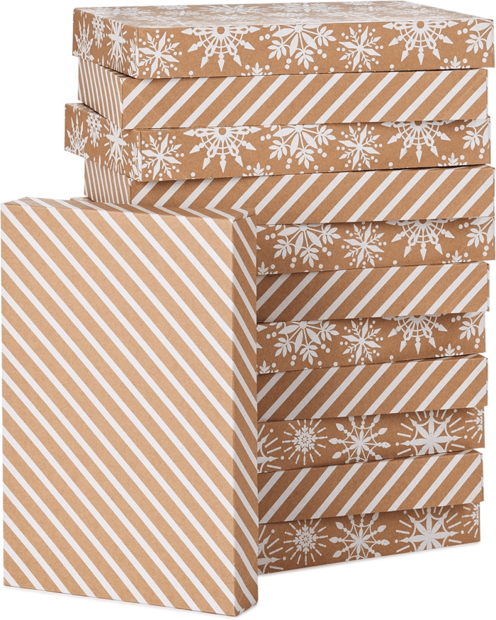 Medium Christmas Gift Boxes with Lids (12 Shirt Boxes, White Snowflakes and Stripes on Kraft) for Holiday Parties, Winter Weddings, Bridal Showers