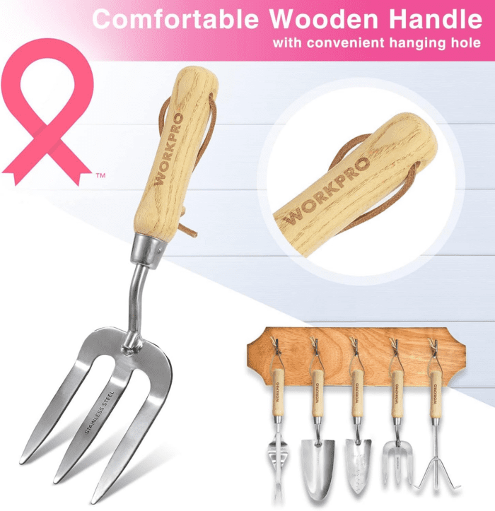 8-Piece Pink Garden Tool Set, Stainless Steel Gardening Tools with Wood Handle, Including Garden Tote, Gloves, Trowel, Hand Weeder, Cultivator and More, Gardening Gifts for Women - Pink Ribbon - Image 7