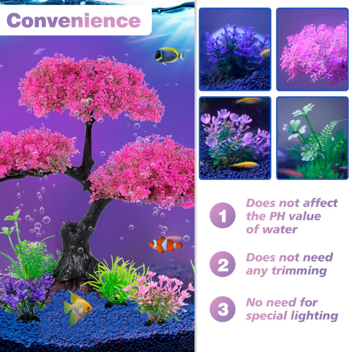 Aquarium Artificial Plastic Plants Decoration, Pink Cherry Blossom Tree & Grass Aquarium Decor Set, Goldfish Betta Fish Tank Decorations Hides Accessories（Pink - Image 5