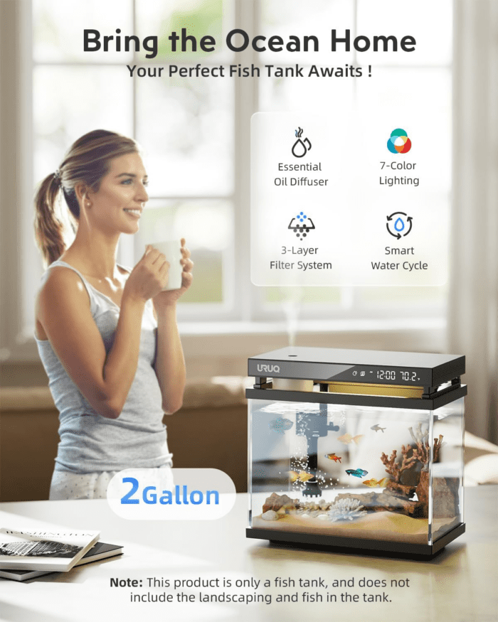 Fish Tank Smart Aquarium Kit: 2 Gal UHD Glass Silent Water Pump Self Cleaning System Temperature Monitoring Essential Oil Diffuser with Humidifier 7 Color Lights Multi-Layer Filtration System Black - Image 2